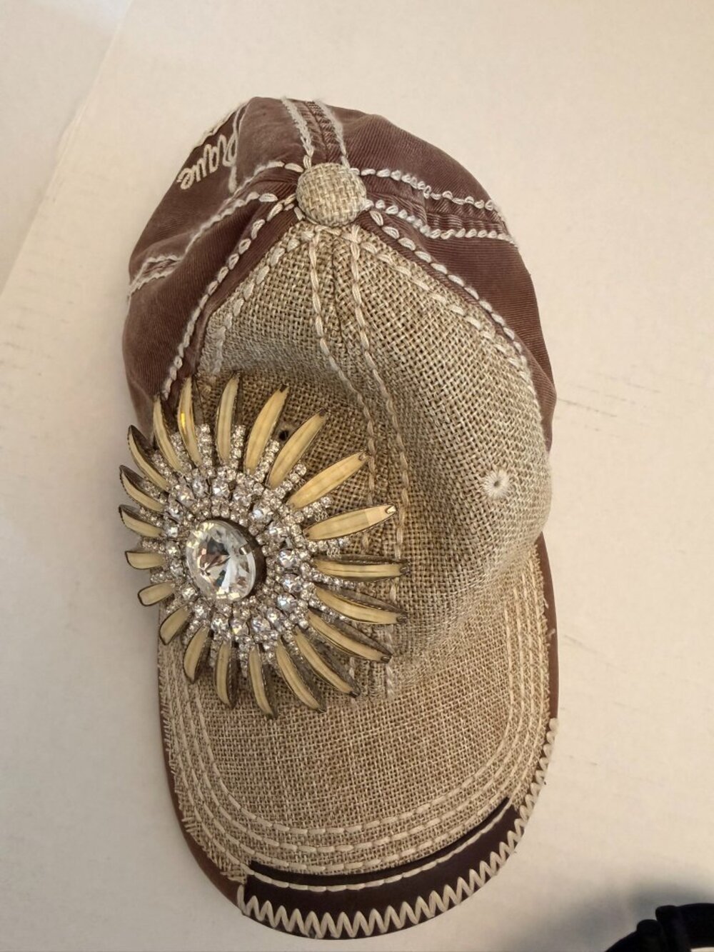 Olive & Pique Sunburst Rhinestone Baseball Cap Brown Tan Adjustable Hat